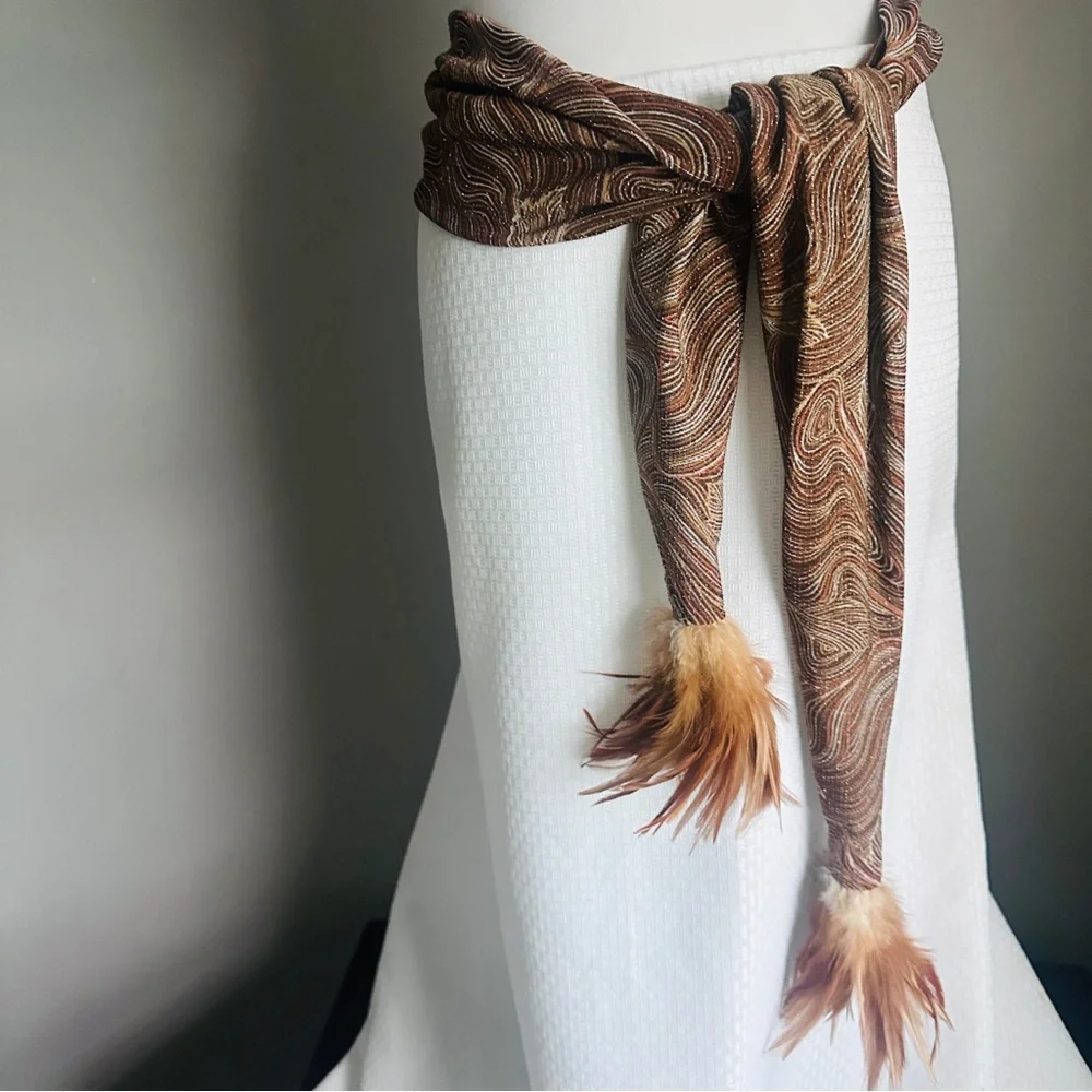 Metallic Boho Festival Scarf Belt with Feather Tassels – Artisan Style Statement